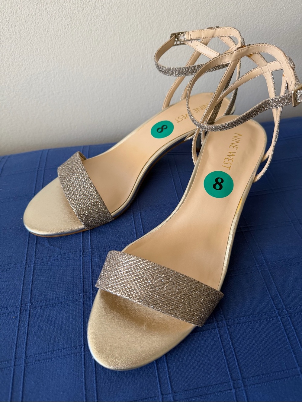 Anne Klein Silver Sparkly Strapy Open-Toe Sandals with low heel for comfort.